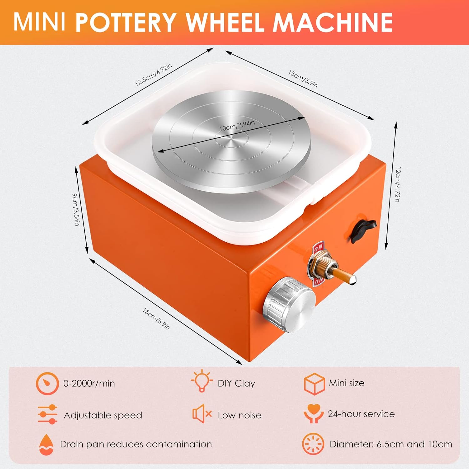 Diagram showing the dimensions and key features of the mini pottery wheel machine.