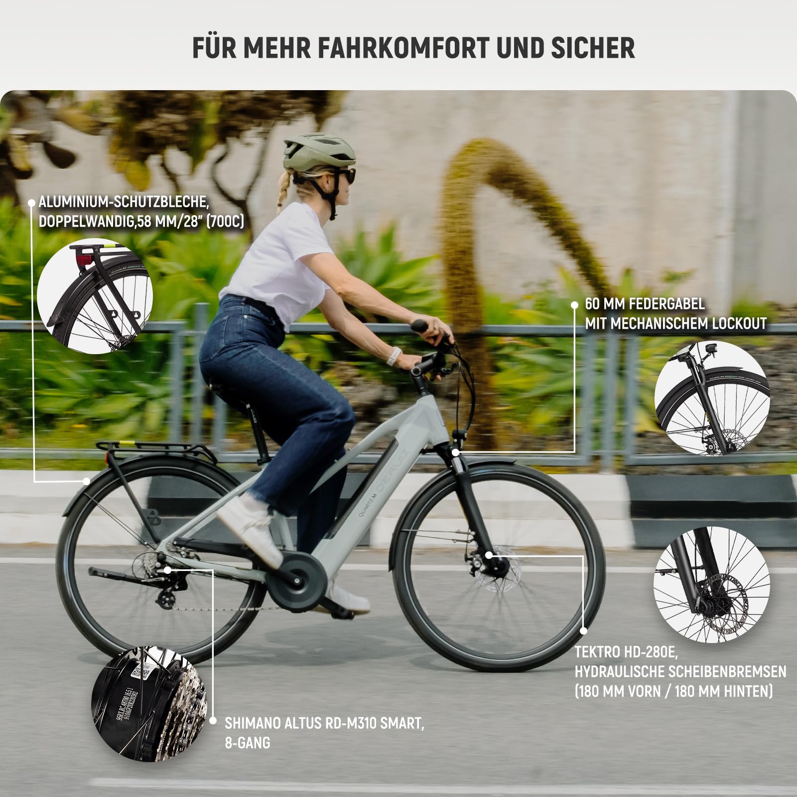 DERUIZ Quartz E-Bike Damen 28 Zoll Tiefeinsteiger, 8-Gang, 48V 13.4Ah Akku, bis zu 161 km, 55Nm Drehmoment, Hydraulische Scheibenbremsen, App, City & Trekking Elektrofahrrad für Damen & Herren