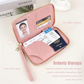 Multi-Functional RFID Passport Holder Travel Wallet RFID Passport Wallet for Women Men Travel Documents Phone Cards with Luggage Tags Retro (Pink)