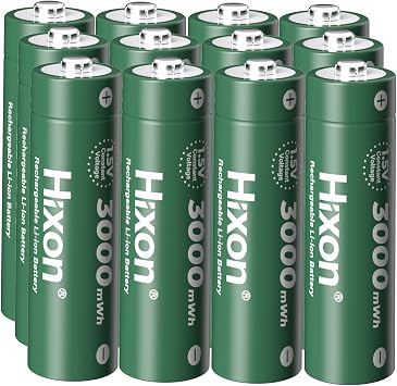 Hixon 1.5V AA Rechargeable Lithium Batteries, 12Pack 3000mWh High Capacity Double AA Battery,Constant Output for Household Device,1600Cycle,Max 3.8A Discharge-Charger Not Included