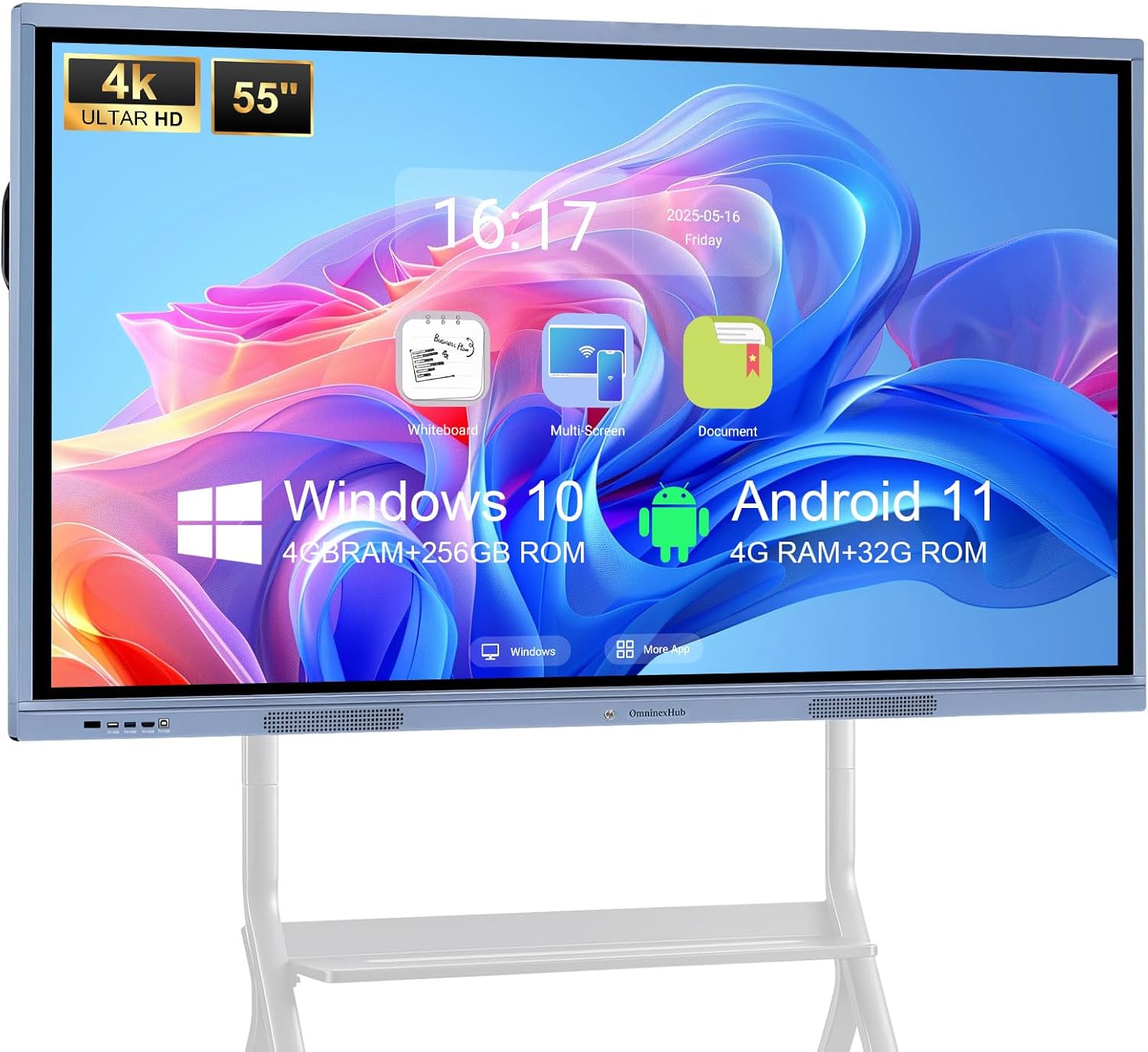 55" Smart Board, 4K UHD Interactive Digital Whiteboard, Dual System with Android 12 and Windows 10 Pro, 4+256GB Electronic Whiteboard, Smart All-in-one Computer for Classrooms, Office, Home