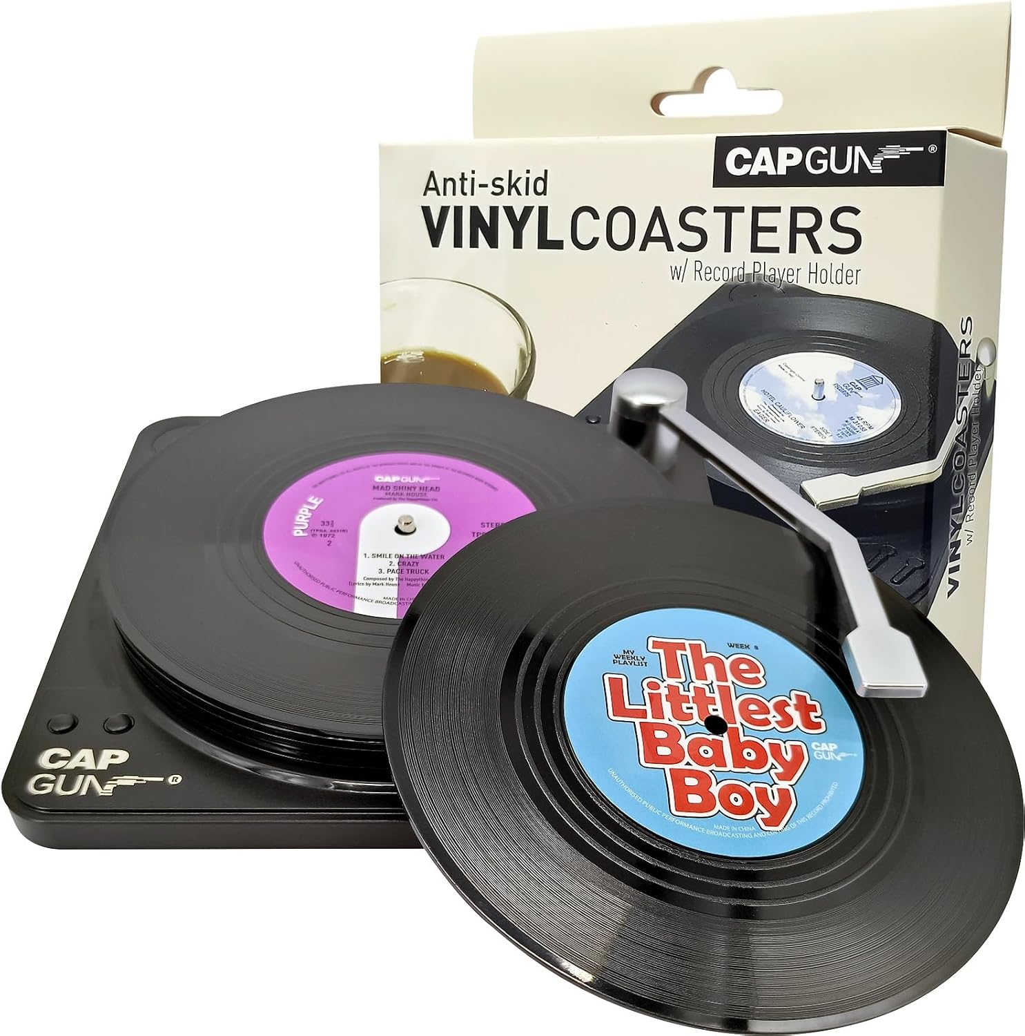 Funny Retro Record Coasters for Coffee Drinks with Vinyl Player Holder Set of 6 Unique Personalized Coaster Housewarming Hostess Friend Apartment Office Bar Decor Gift (M1 Series)