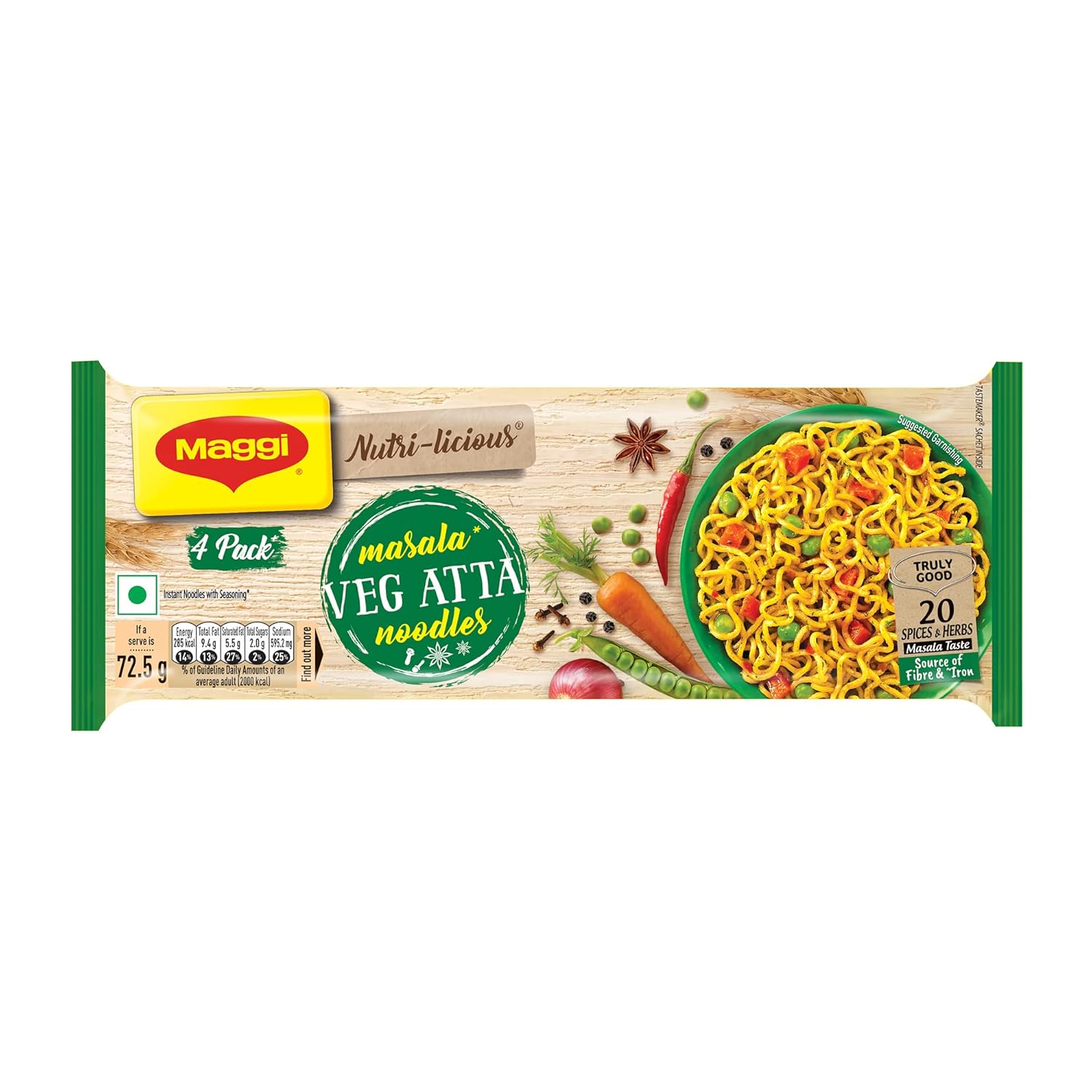 MAGGI Nutrilicious Veg Atta Masala Noodles, Instant Noodles with 20 Spices & Herbs, Source of