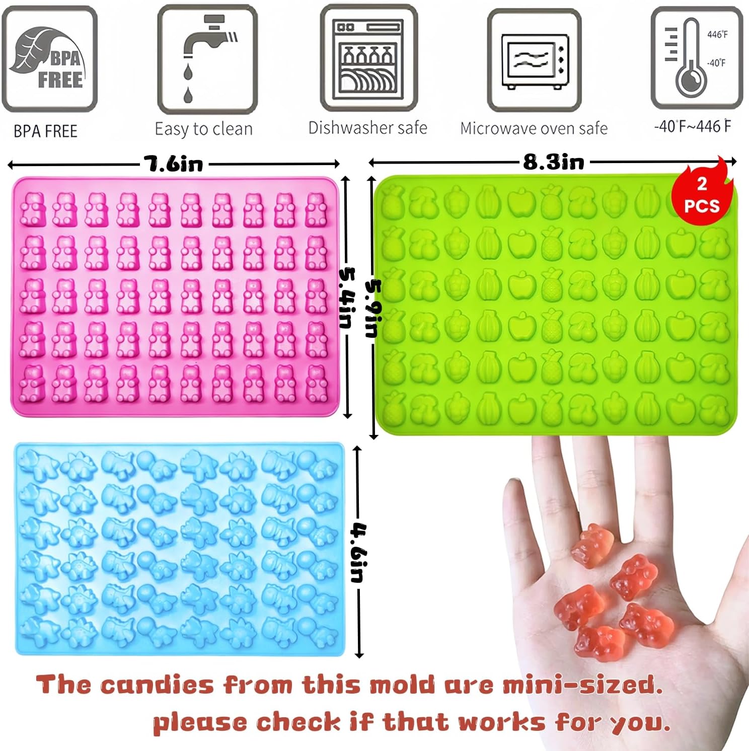 Mini Silicone Candy Molds Kit (0.7 Inch Bite-Sized) -Non-Stick Chocolate & Candy Mold and small ice cubes for Kids, Contains Dinosaur,Fruit,Vegetable Shapes (230 Cavities)- 4 Pieces + 2 Droppers.