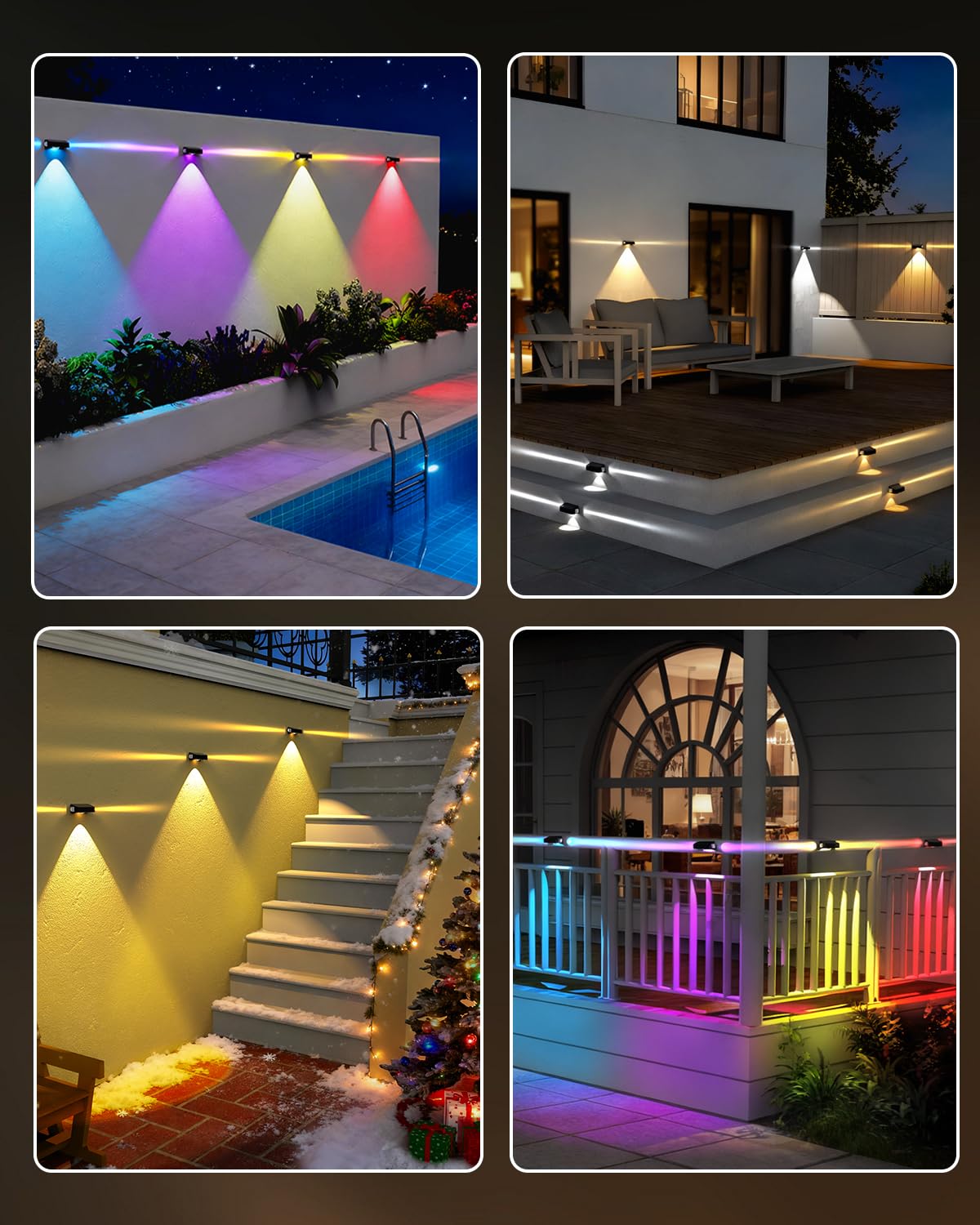 Solar-Zaunleuchten für den Außenbereich, Deckleuchten mit 12 RGB-Farbwechsel, warm und kaltweiß, IP65 wasserdicht, Dämmerung bis Morgendämmerung, Solar-Außenbeleuchtung für Wand, Terrasse, Stufe