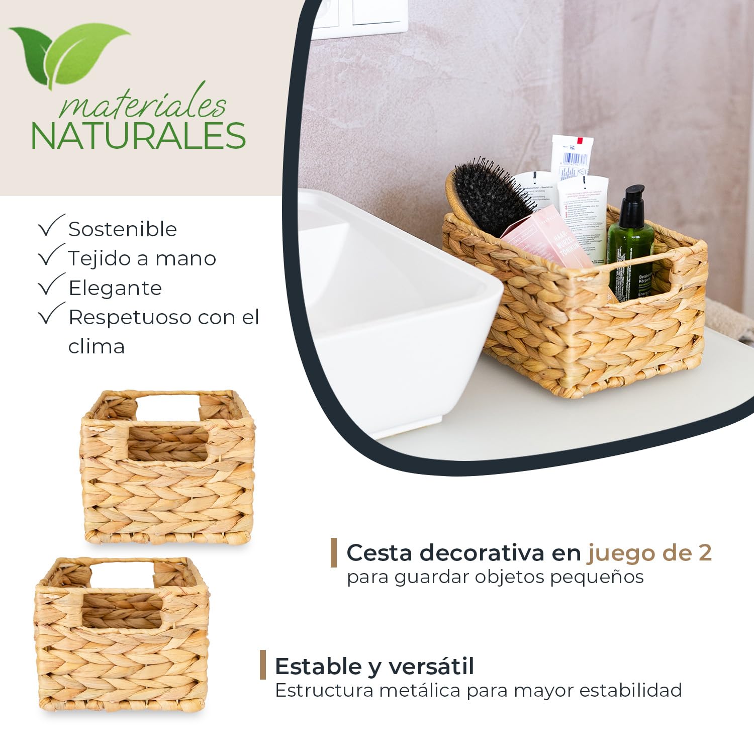 HMF Cesta de almacenaje trenzada organizadora de jacinto de agua, cesta decorativa con asas para baño, cocina, salón y estantería | Juego de 2 | Tamaño S | 22 x 17 x 12 cm | Natural