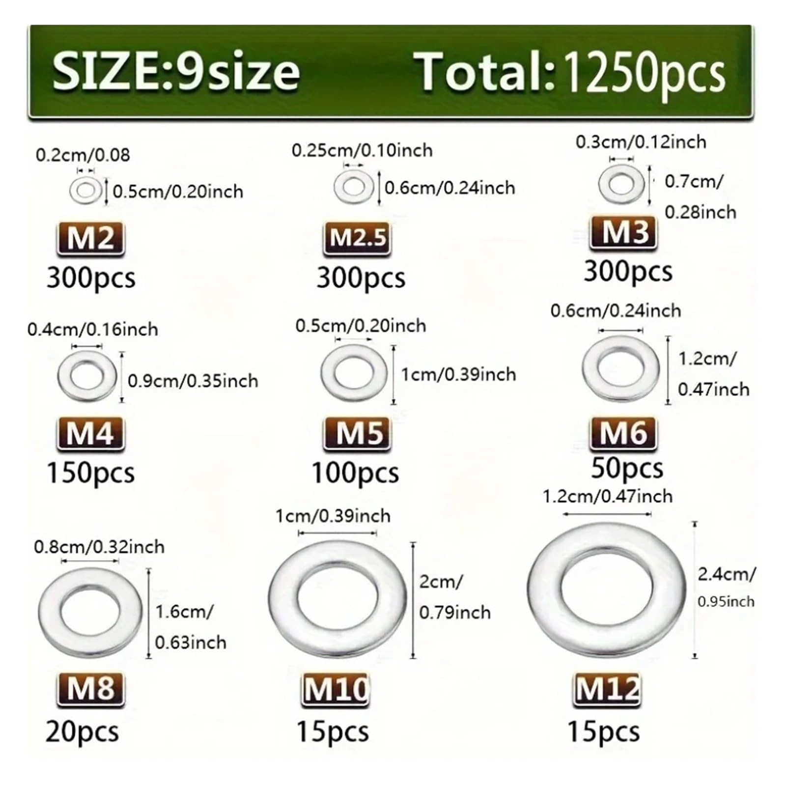 Kit surtido de arandelas planas de acero inoxidable de 1250 piezas (M2 M2.5 M3m4 M5 M6 M8 M10 M12) adecuado para decoración del hogar