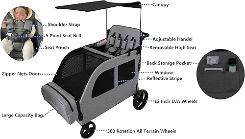 Miniatura 3 de Cochecito de 4 plazas en forma de automóvil para 2 y 3 niños, plegable, todo terreno, con toldo extraíble, arnés de 5 puntos para asientos elevados,