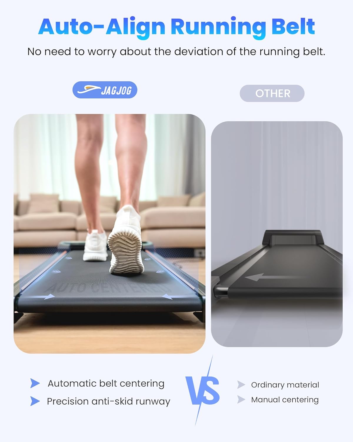 Comparison image showing the JAGJOG walking pad with an automatically centering belt versus another treadmill with a misaligned belt, highlighting the auto-align feature.