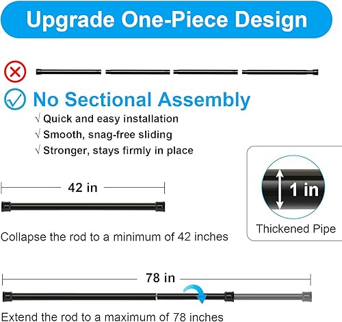 Miniatura 4 de Barra para Cortina de Ducha 42-78 Pulgadas, 1" de Diámetro Barras de Cortina de Tensión Ajustables Largas con Resorte para Baño Ventanas Armario Sin