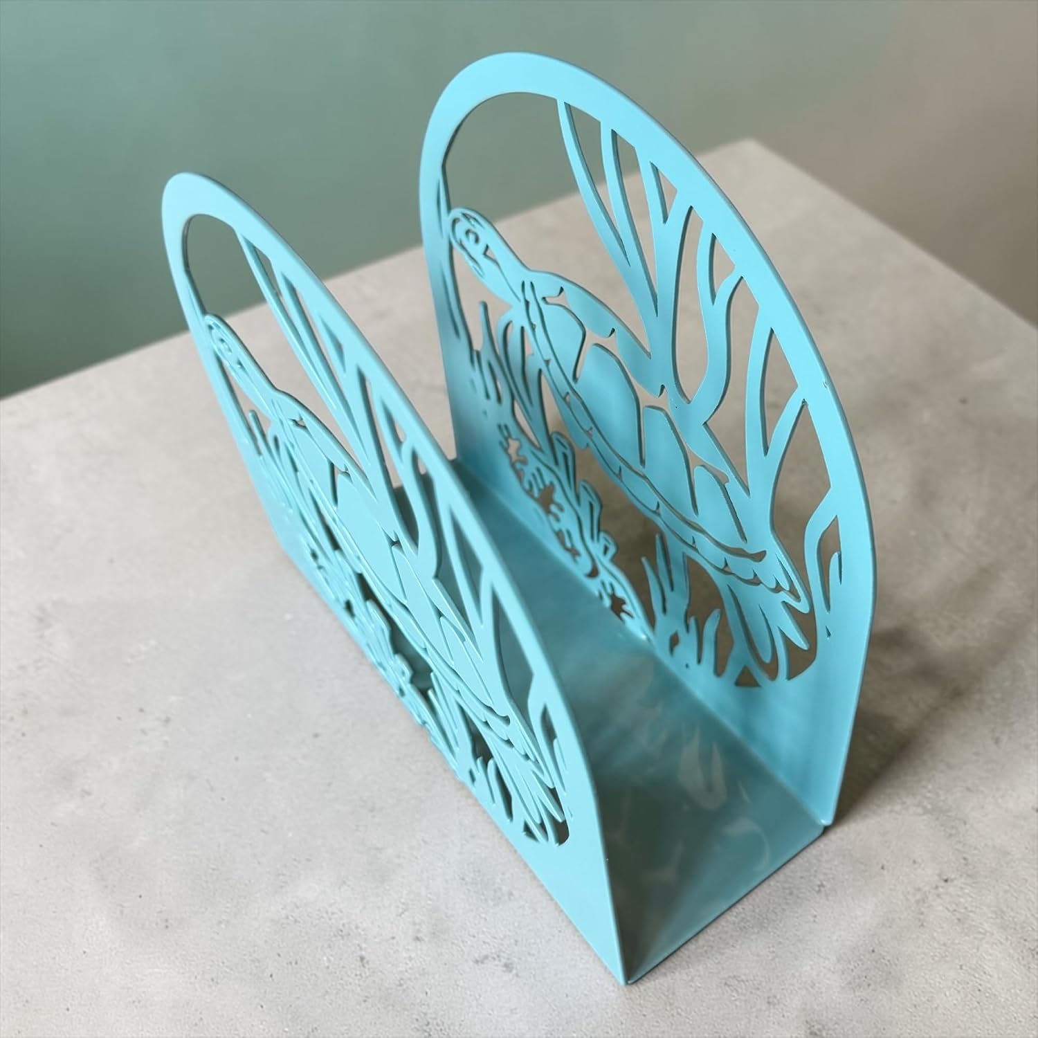 Sea Turtle Metal Napkin Holder for Table – Coastal Beach Nautical Kitchen Décor – Ocean Themed Seafoam Teal Tabletop Organizer – Tropical Beach House Dining Counter Accessory – 6 x 5.75 Inch
