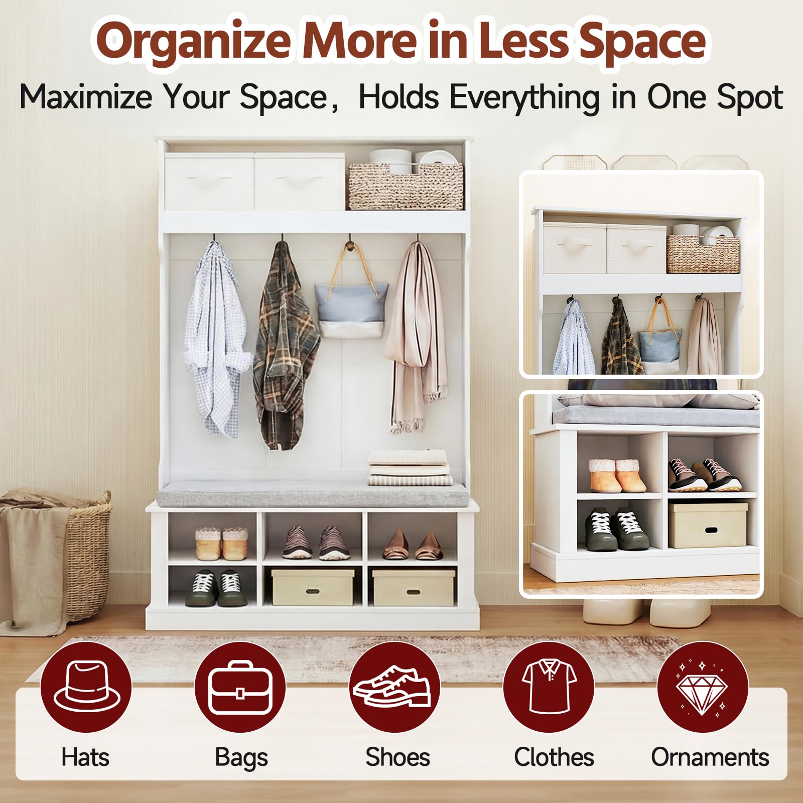 HAUSPROFI Flurgarderobe mit Sitzbank platzsparend 100×40×170 cm, 4 Haken + verstellbare Böden, stabile Spanplatte-MDF, graues Leinenkissen, für Diele, Flur & Wohnzimmer (Weiß)