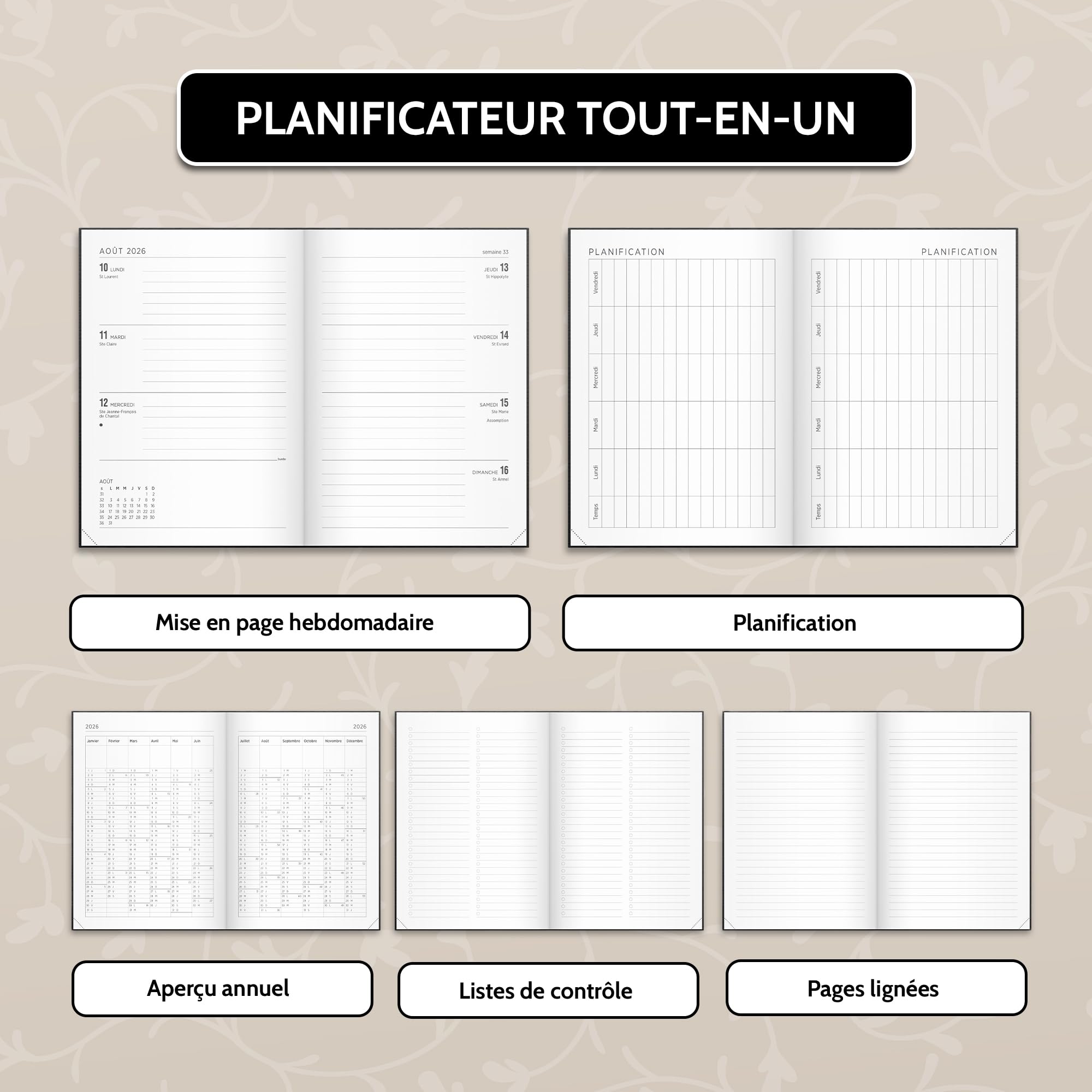 Agenda Hebdomadaire A5 2025-2026 Simili Cuir Noir Burde Agency - Pour étudiants, Enseignants Et Pros