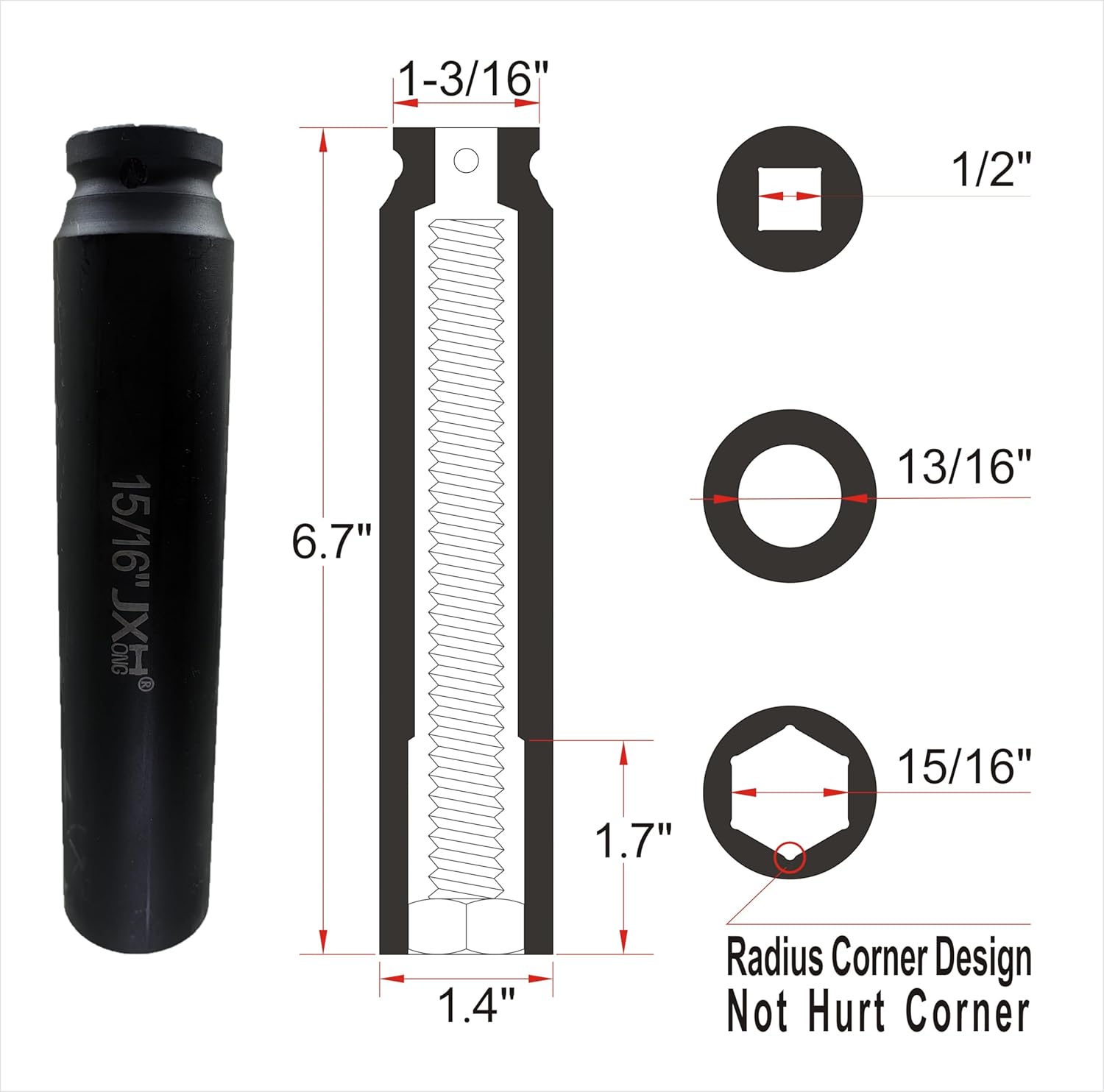 Heavy Duty 1/2" Drive 15/16" x 6.7" Long Truck Cage Bolt Socket, Extra Long Deep, Spring Brakes Bolts Socket, One-Piece Forged Not-Welded, Heat Treated Cr-Mo Alloy Steel, 6-Point