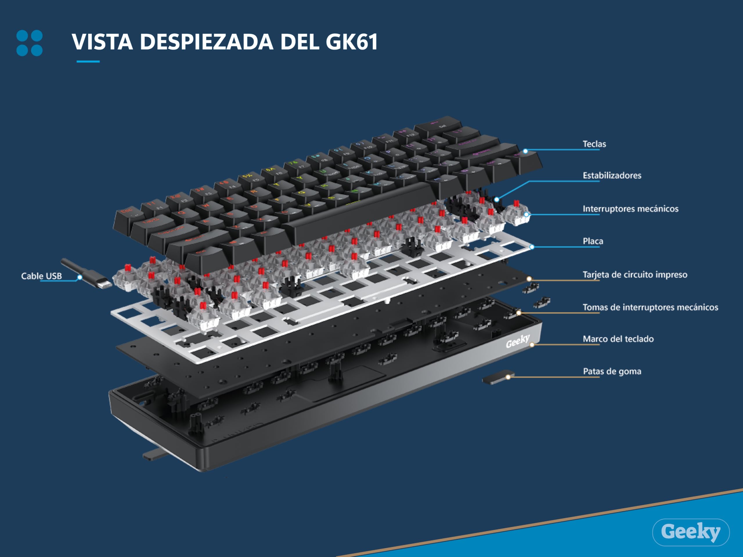 Geeky GK61 60% | Hot Swappable Tastiera da Gioco Meccanica | 62 Tasti Multi Colore RGB LED Retroilluminati per Gaming su PC/Mac | ISO ES Tastiera Spagnola + LATAM (Bianco, Mechanical Speed Silver)
