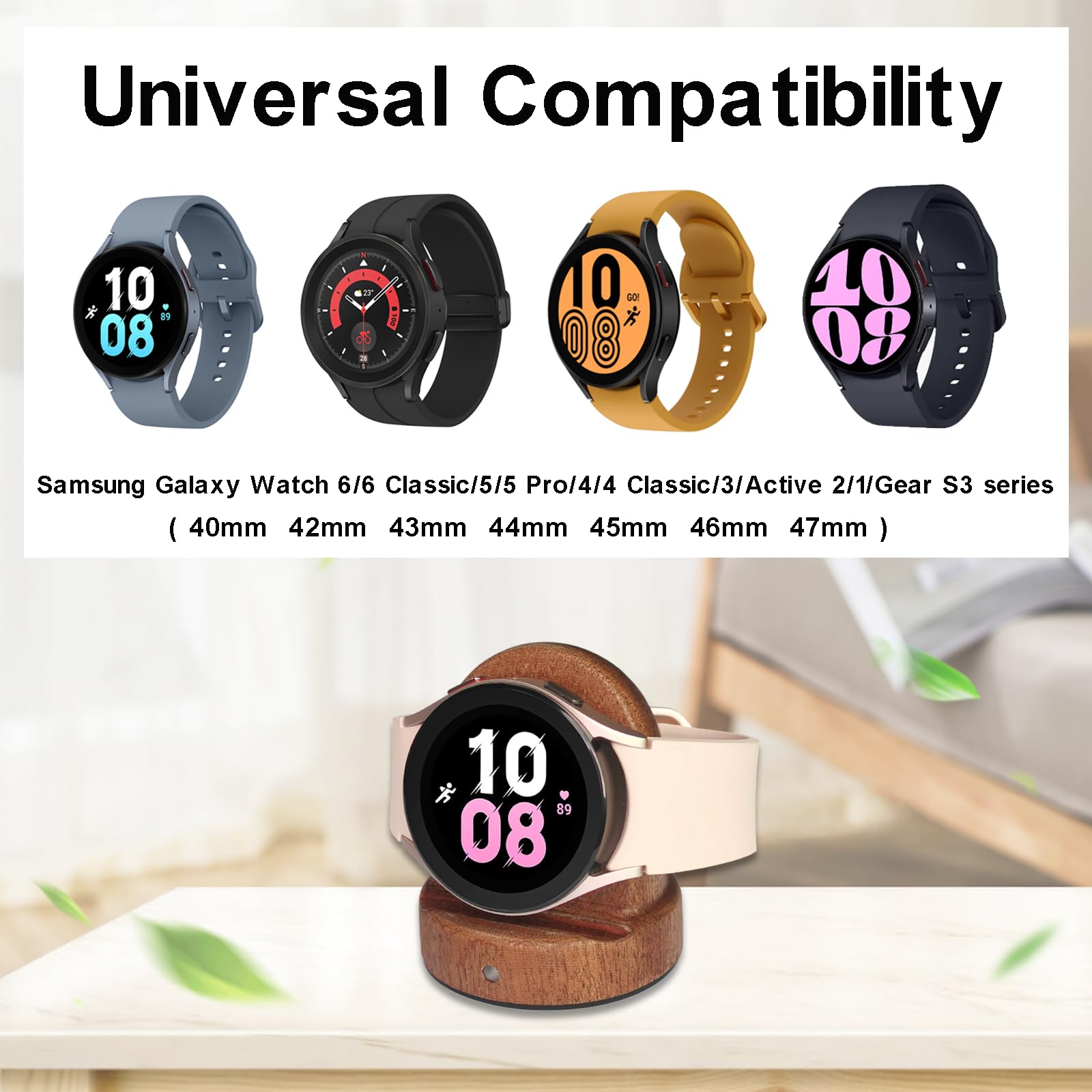Wood Watch Charger Compatible with Samsung Galaxy Watch 6/6 Classic/ 5/5 Pro/4/4 Classic/3/Active 2/Active 1 Charger Stand,Wireless Smart Watch Charger Magnetic for Samsung Watch,Gift for Men Women