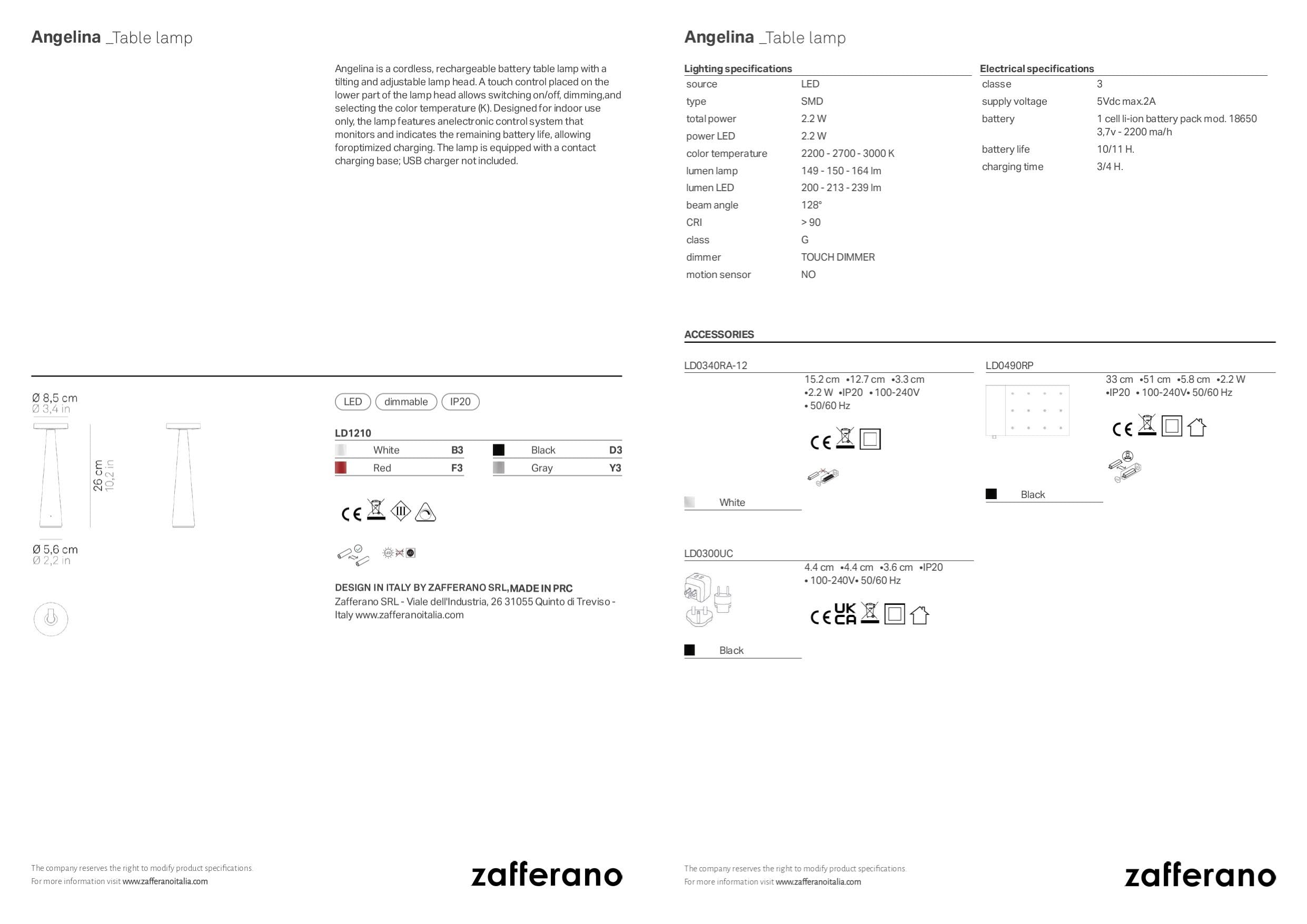 Zafferano, Angelina Lampe, Wiederaufladbare und Kabellose Tischlampe mit Touch Control Und Schwenkbarem Kopf, Geeignet Für Den Innenbereich, Dimmer, 2200-3000 K, Höhe 26 cm, Farbe Rot
