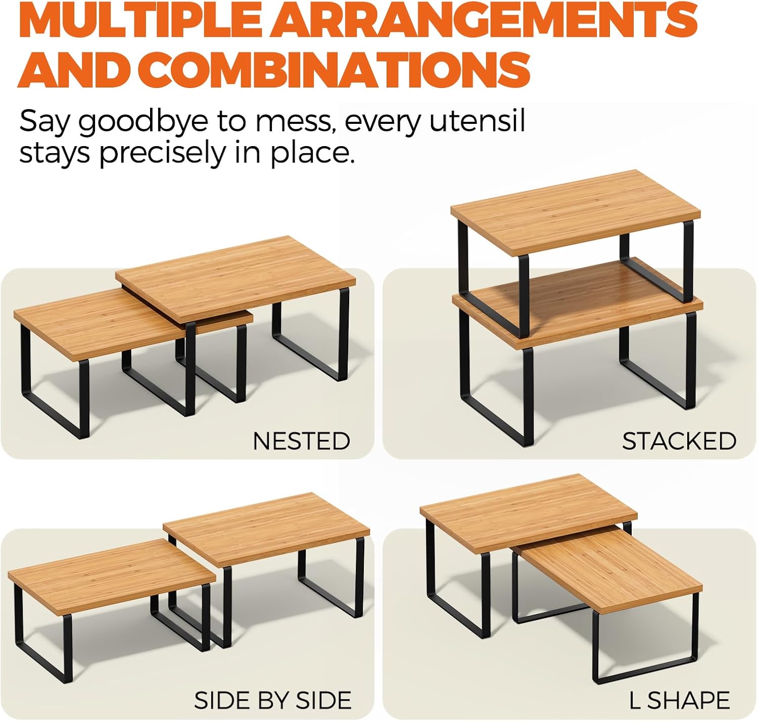 Cabinet Organizer Shelf - 4 Pack Wood Kitchen Organizer, Upgraded Cabinet Organizer Shelf for Kitchen Storage, Countertop, Spice Rack, Stackable, Expandable, Ink Black and Natural Beig