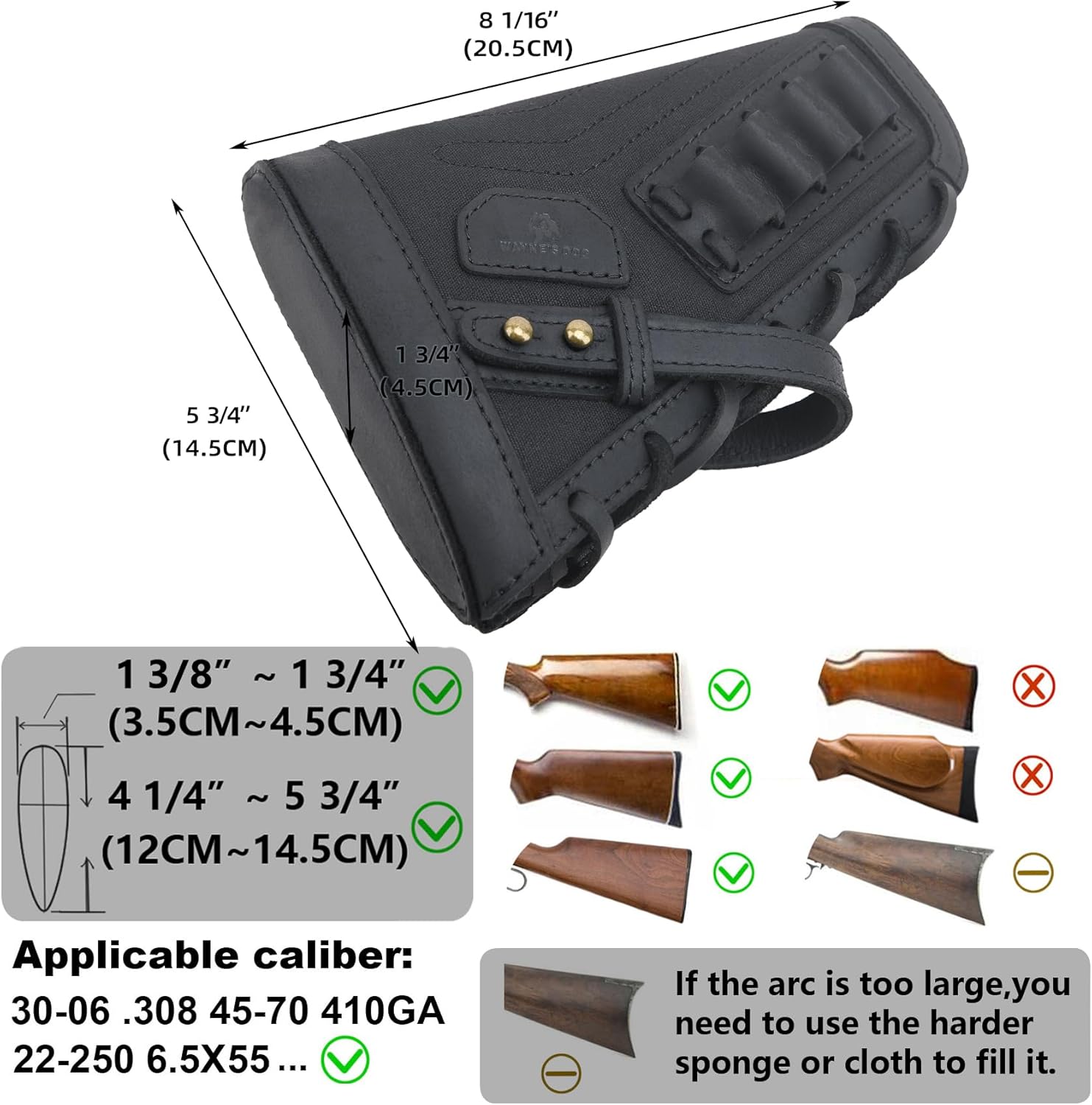 Brown Leather Gun Cheek Rest with .30-30 Shell Holder Sling, Black Canavs Buttstock with Rifle Strap for 45-70 .44mag .308