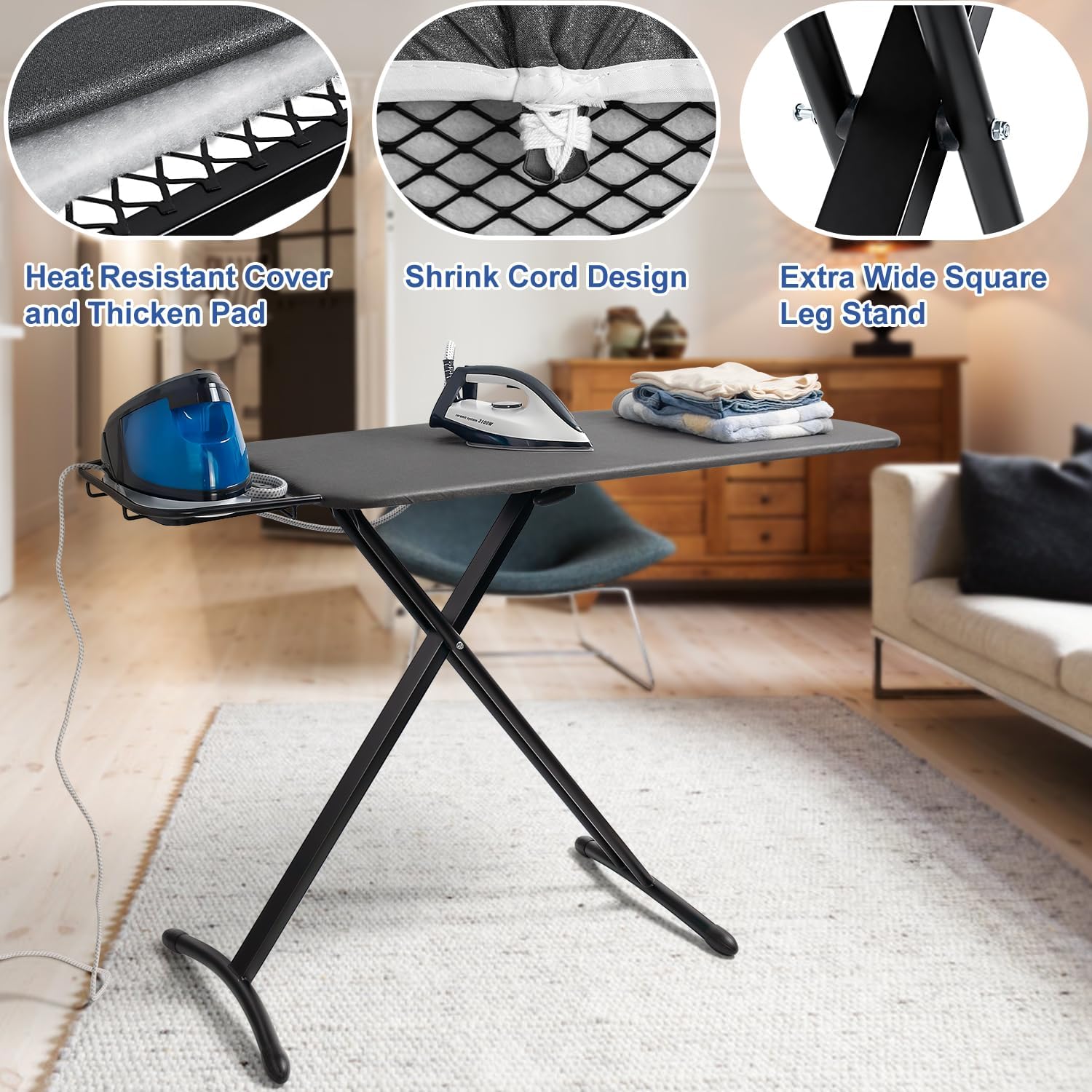 Duwee 18"x46" Ironing Board with Heat Resistant Cover and Thicken Felt Pad,Deluxe Iron Board with Steam Iron Rest,Adjustable Height Heavy Duty Ironing Board Full Size,Heavy Sturdy Legs,Black