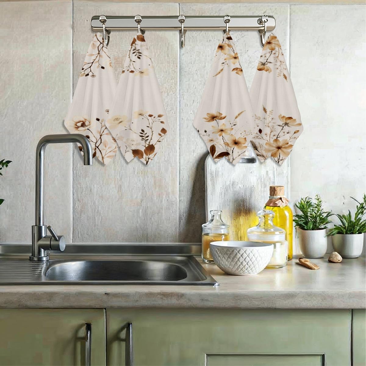 4 Pcs Artistic Flower Kitchen Towels, Vintage Decorative Absorbent Microfiber Dish Cloth Tea Towel, Aesthetic Waffle Soft Hand Towels for Farmhouse Home Bathroom Kitchen Decor, Housewarming Gifts - Image 6
