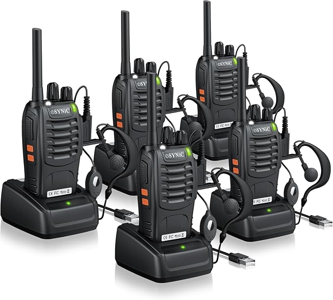eSynic 5 Pack Licensed Walkie Talkies with Earpieces and Charging Dock