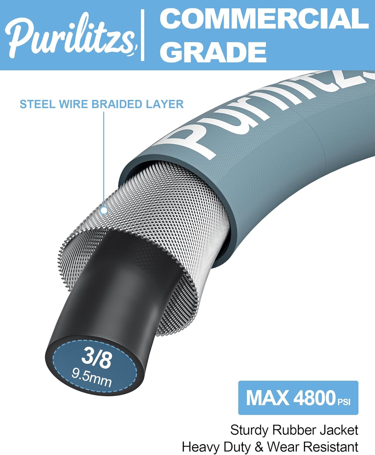 5FT Pressure Washer Whip Hose 3/8'', 4800psi Jumper Hose Reel Connector Steel Wire Braided with Swivel 3/8'' Quick Connect Plug