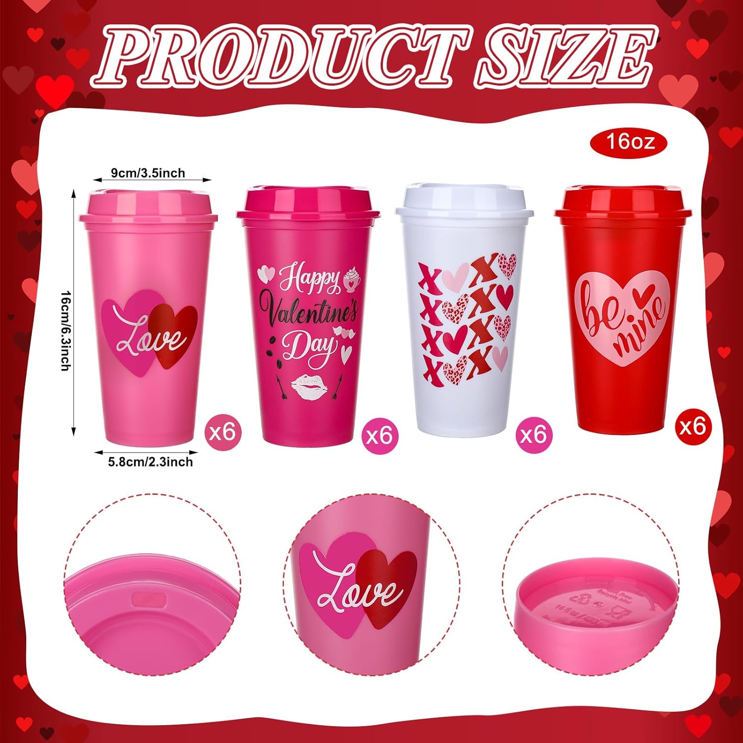 Patelai 24 Set Valentines Day Tumbler Cups Bulk for Teachers 16 oz Plastic Pink Heart Coffee Cups with Spiral Straw Lid and Accessories Reusable Beverage Favor for Wedding Anniversary Party Gift Decor