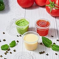 Vista 3 de Lilymicky 400 juegos de vasos de plástico desechables de 1 onza con tapas, pequeños recipientes de plástico para condimentos para salsa, vasos