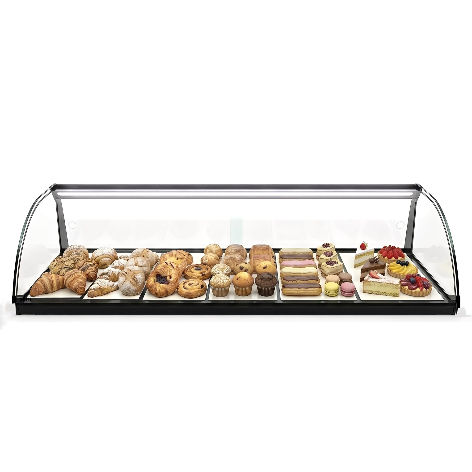 MBH - Neutrale Aufsatzvitrine 119 cm, gebogenes ESG-Sicherheitsglas, 1 Etage, mit LED-Beleuchtung, mit rückseitigen Schiebetüren, für Bar, Café, Restaurant, Gebäck und Konditorei.