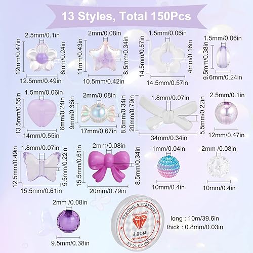 Miniatura 2 de SUNNYCLUE 150 cuentas acrílicas de 13 estilos surtidos de caramelos, cuentas pastel acrílicas transparentes de flores a granel, estrellas y