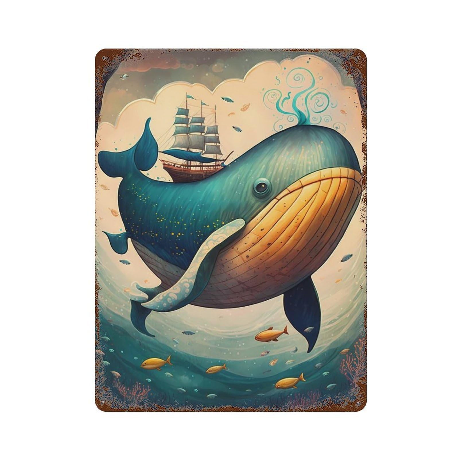 Whale Fanciful Aged Metal Wall Plaque 15.7"x11.8", Farmhouse Wall Decor for Office, Studio And Wall Decor