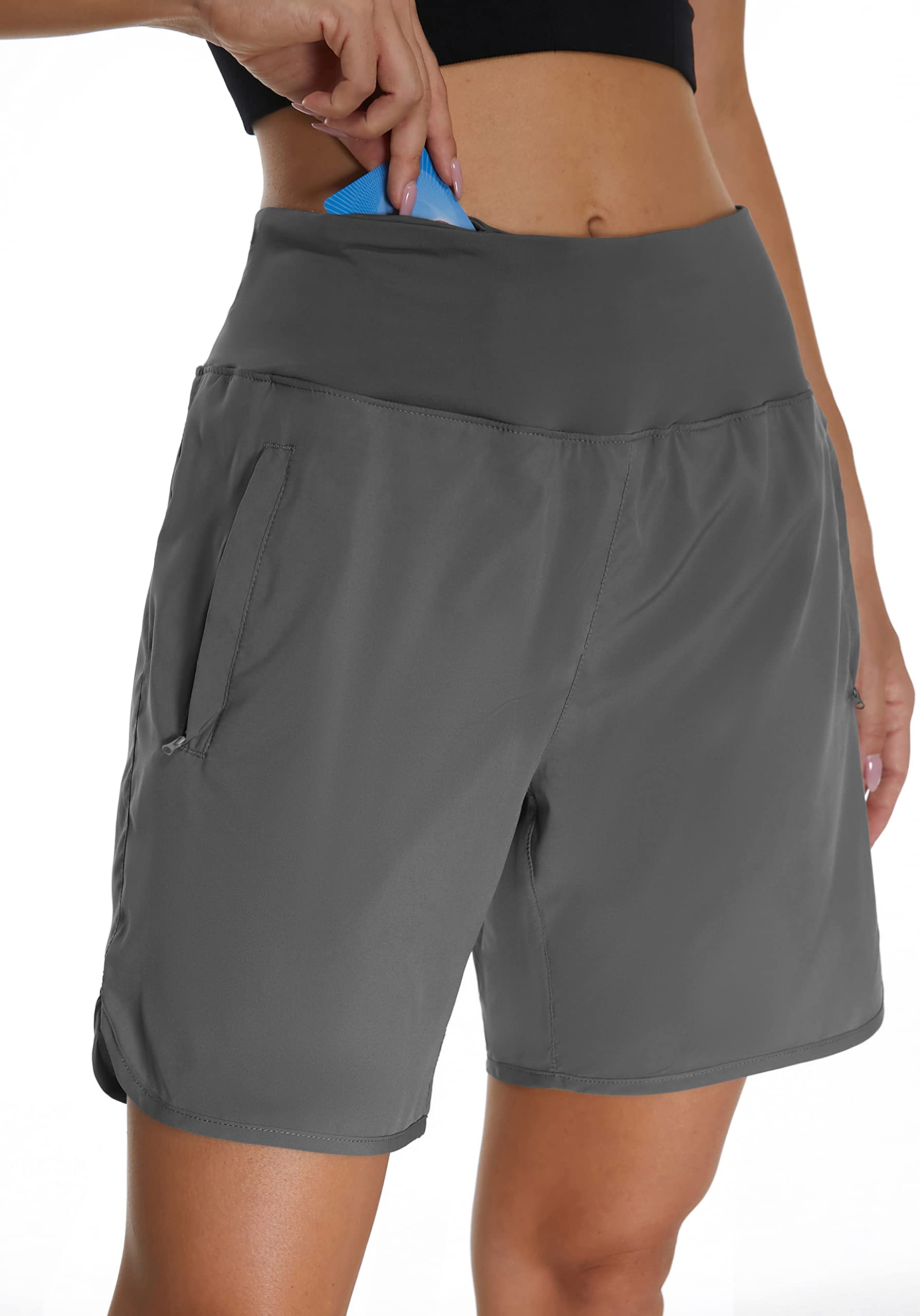 Mesing Pantaloncini Sportivi Running Donna a Vita Alta Pantaloni Corti Palestra Corsa Allenamento Traspirante Sport Shorts con Slip Interni e Tasche Posteriori con Cerniera