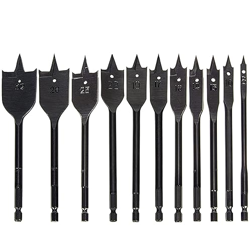 KEWAYO Juego de brocas de pala de 11 piezas, brocas planas de madera SAE (14 a 1-12 pulgadas) con bolsa de almacenamiento de nailon, acero de alta