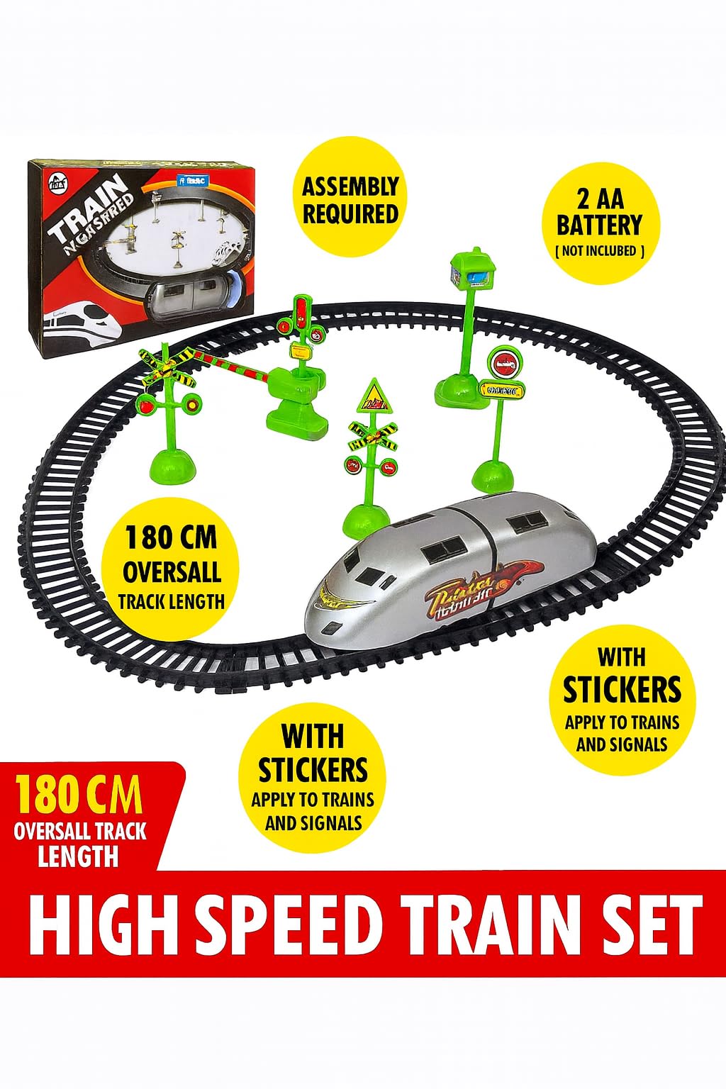 XQZMEE High Speed Battery Operated Train Set with 180 cm Track Length | Assembly Required | Includes Stickers & Signals | Electric Toy Train for Kids (2 AA Battery Not Included) 4