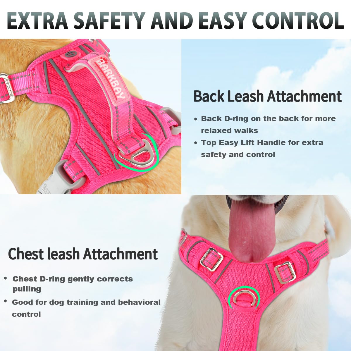 BARKBAY No Pull Dog Harness 3 Buckles Large Reflective Dog Harness with Front Clip and Easy Control Handle for Walking Training Running with ID tag Pocket(Pink,XL) - Image 4