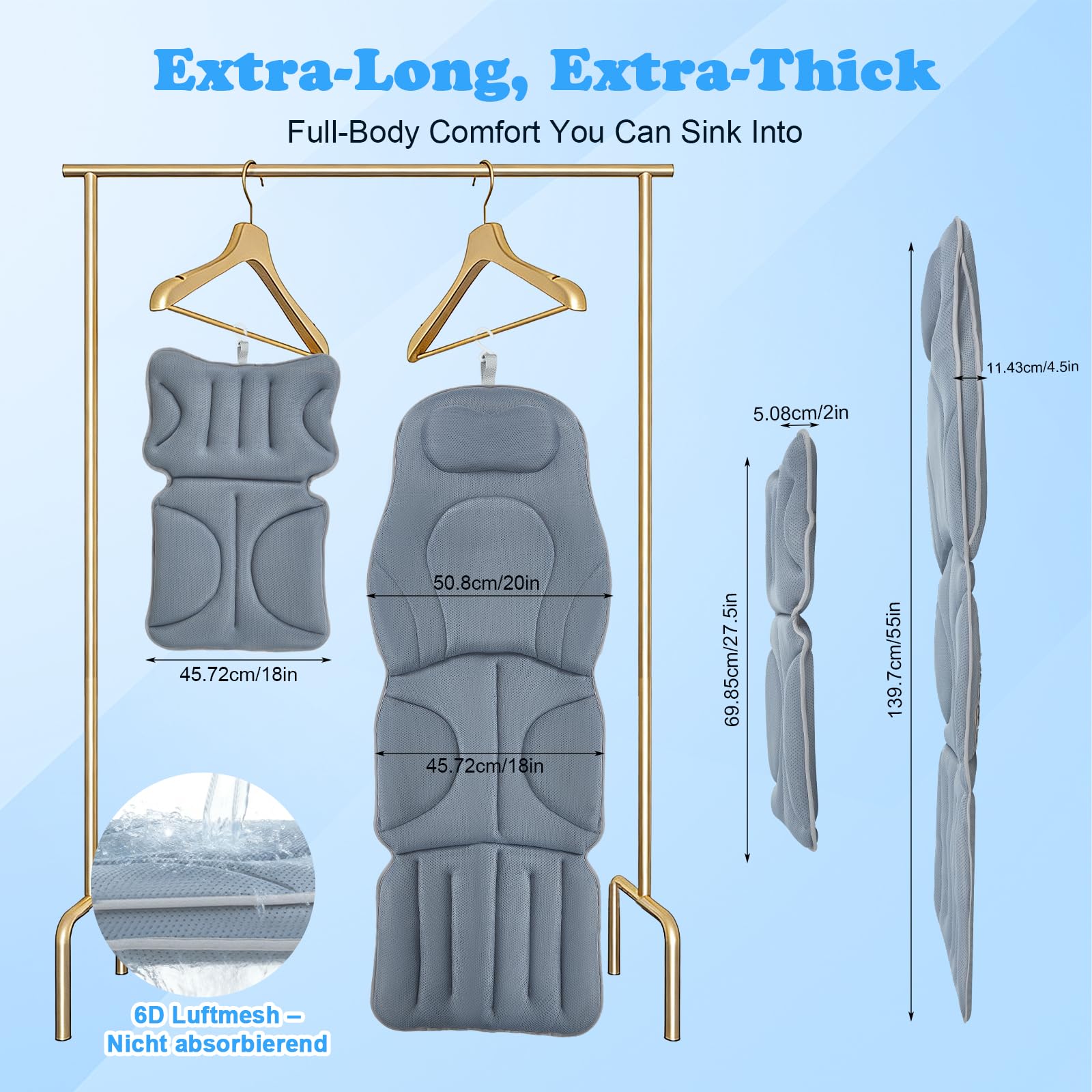 Cuscino per Vasca da Bagno a Corpo Intero, 125×40 cm per Altezza del Corpo 160–180 cm, Adatto Solo per Vasche da Bagno Lisce, Asciugatura Rapida, Amichevole per la Pelle