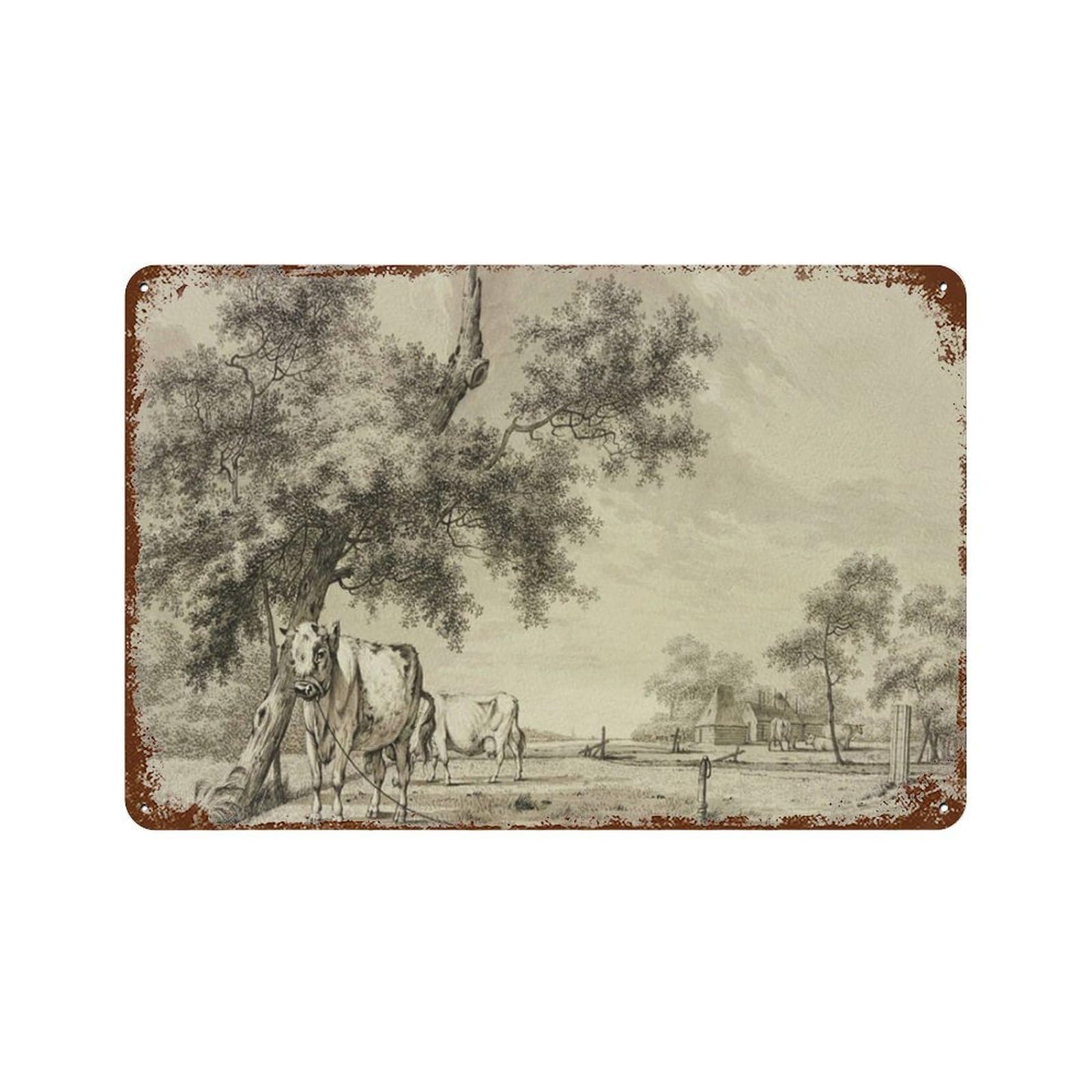 xiaoxiaoshen Cows Sketch, Farmhouse, Vintage Drawing Enhanced, Neutral Able Wall Decor Art Metal Tin Poster Modern Home Decor Art Home Bar Shop Decorations Vintage Sign 20x30cm