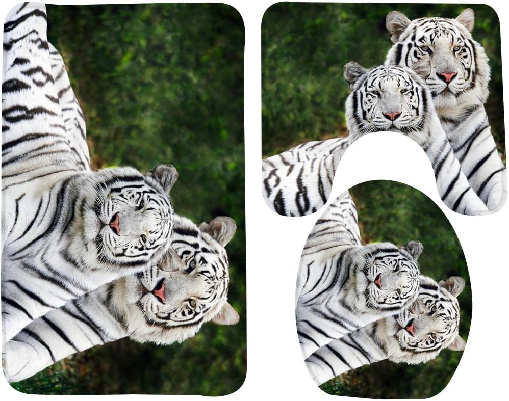3 Piece Cute Animal Two Tigers Toilet Seat Cover and Rug Set Bathroom Pedestal Rug + Lid Toilet Cover + Bath Mat