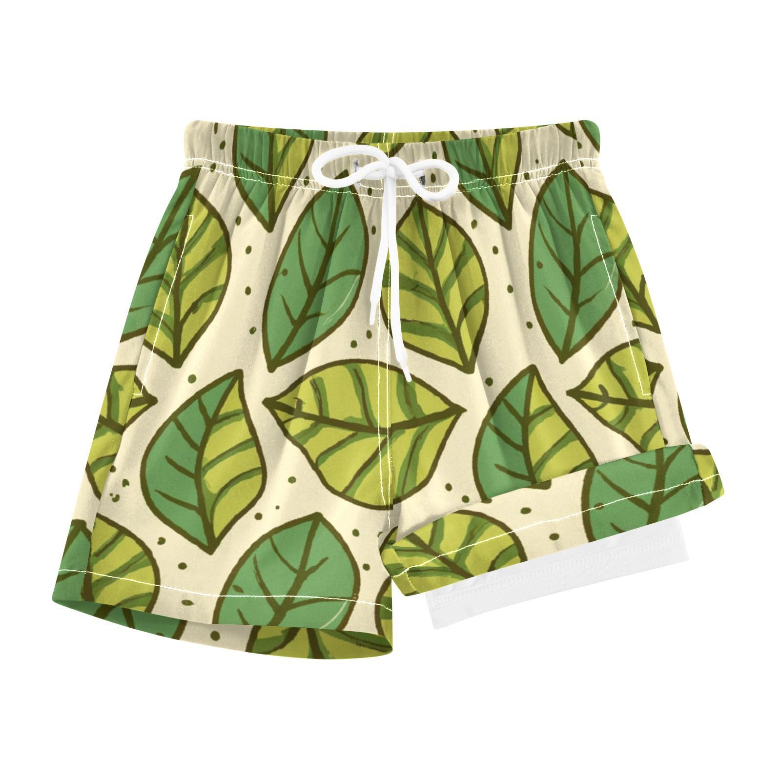YANENDIE Boy Swim Trunks with Compression Liner Green Leaves Boys Swim Shorts Quick Dry Beach Shorts