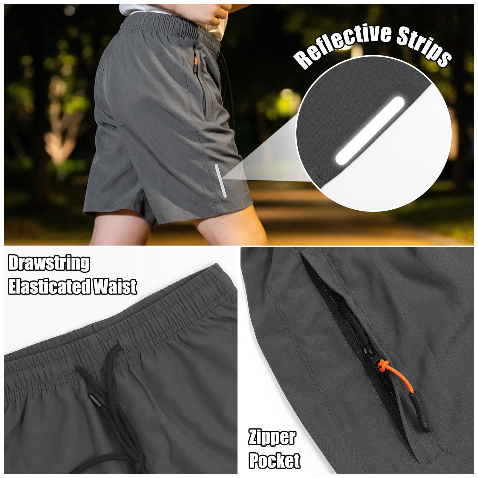 Pantaloncini Ragazzi, Rapida Asciugatura 2 Pezzi Sportivi Shorts con Strisce Riflettenti e Tasche Cerniera, Traspirante Abbigliamento Sportivo Scuola Ciclismo Bambini 6-13 Anni