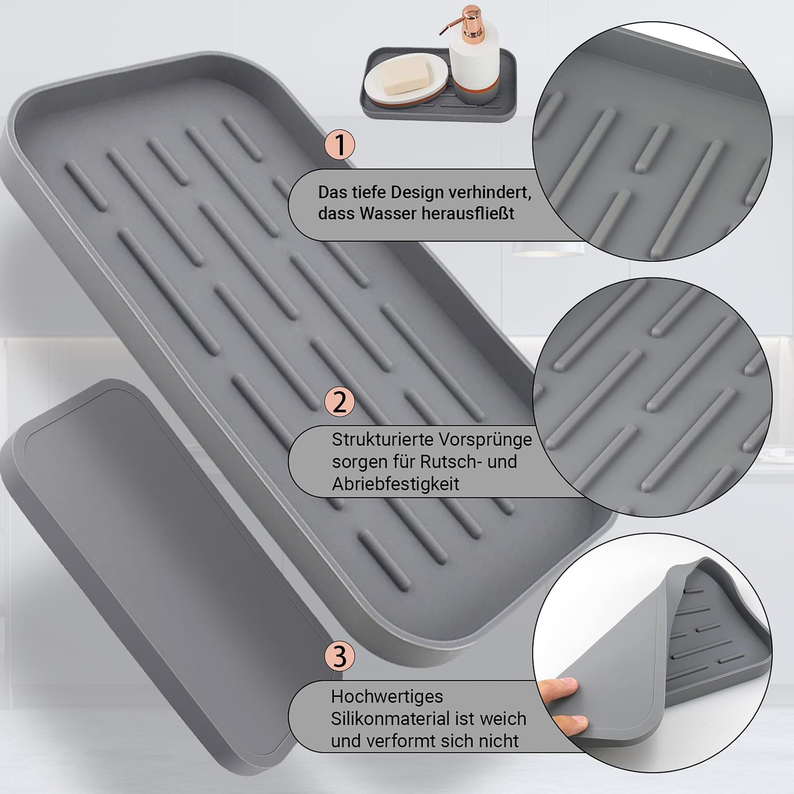 Schwarze Silikon-Abflussmatte + Seifenhalter Set – 22,8x9 Cm, Rutschfest, Für Küche & Bad