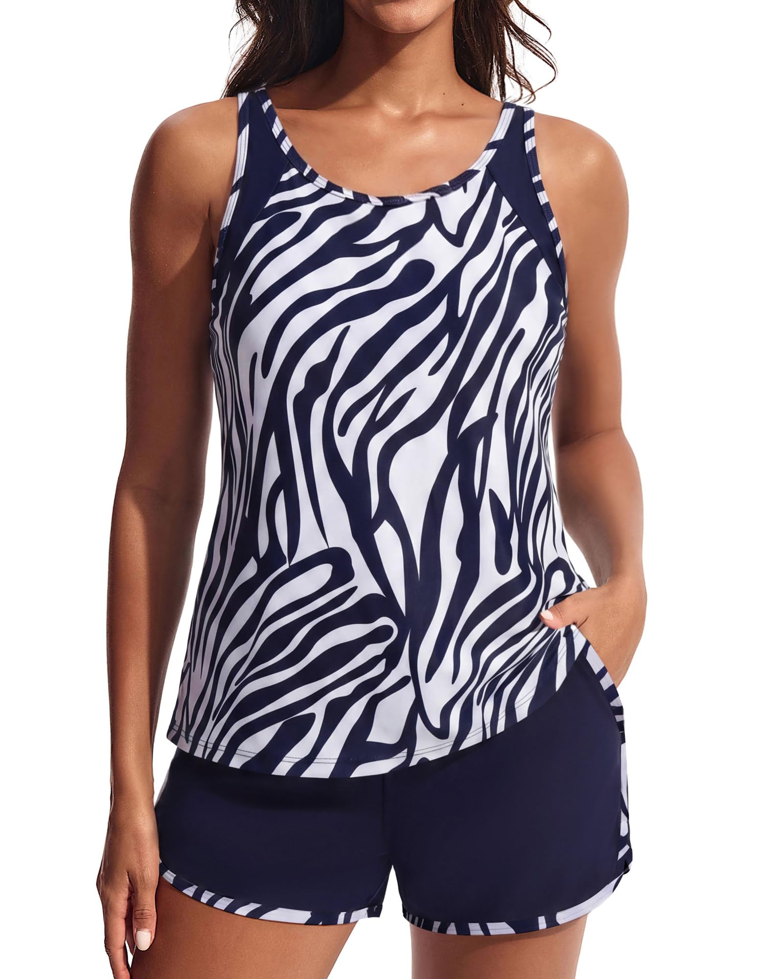 Hanna Nikole Tankini da donna, costume da bagno a vita alta, 2 pezzi, push up, reggiseno integrato e mutandine incorporate, costume da bagno a vita alta, con tasche, costume da bagno regolabile