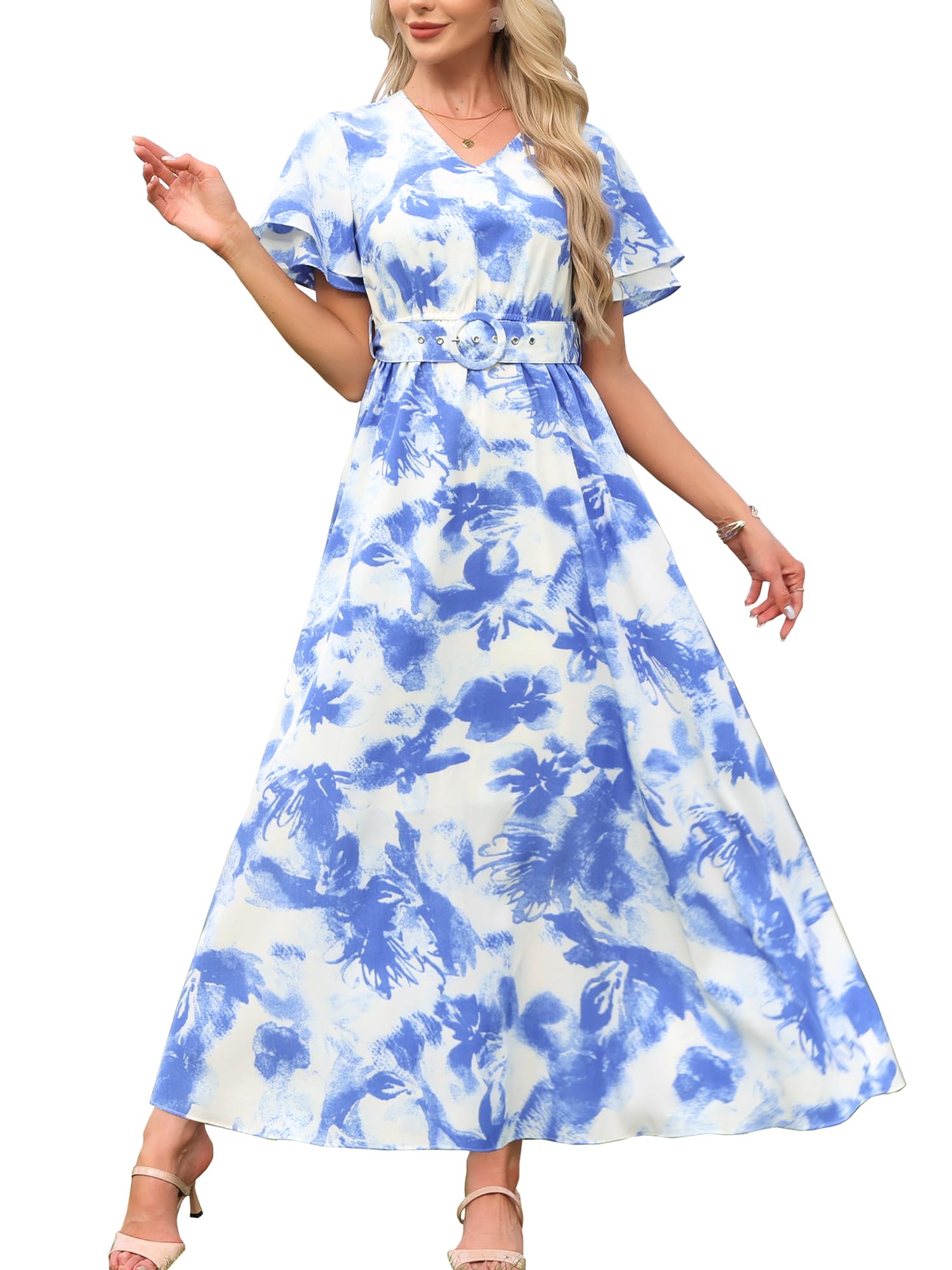 Allegra K Maxi abiti estivi floreali da donna a maniche corte con cintura fluida spiaggia vacanza abito lungo