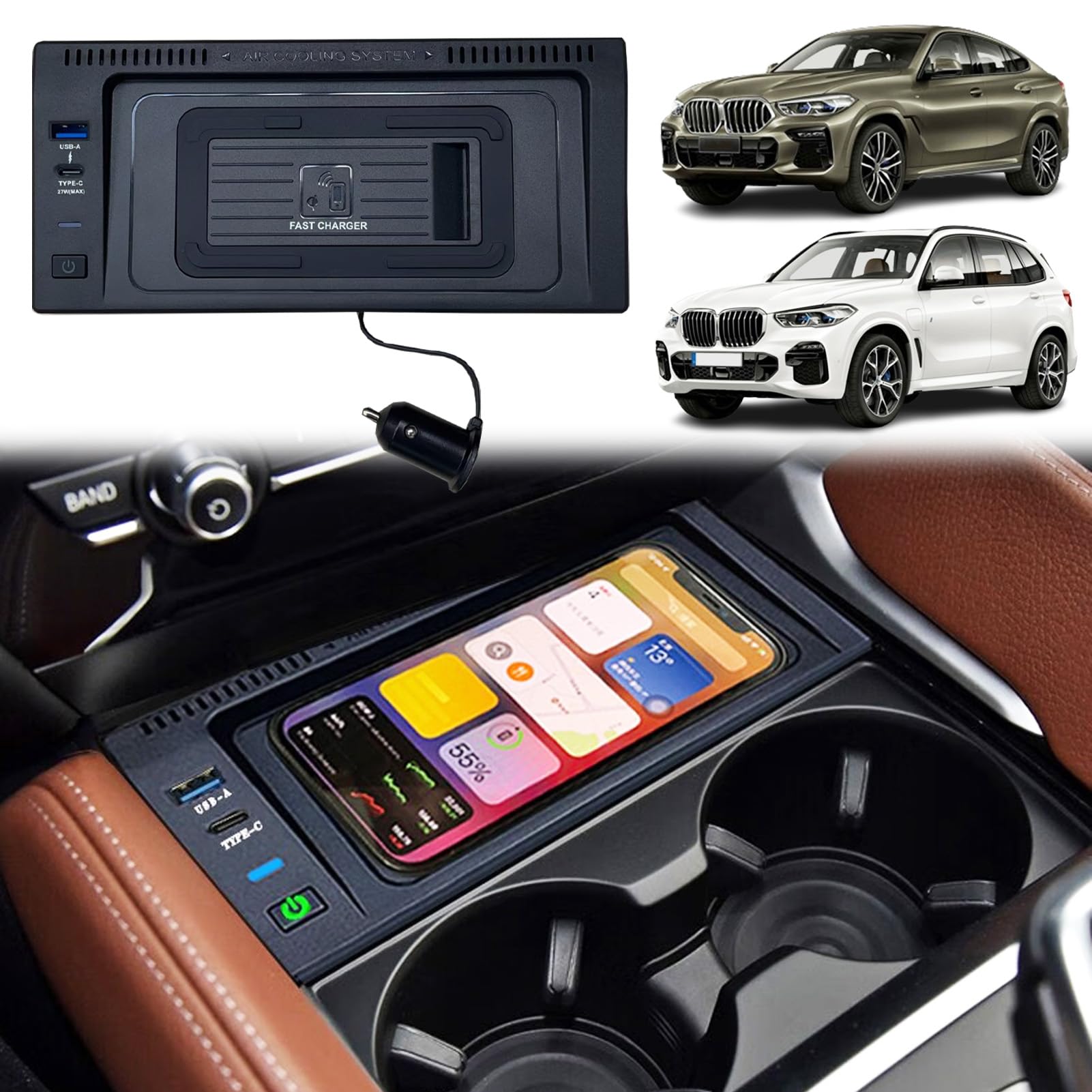 GQQSXZNTD Car Wireless Charger for BMW X5 F15/X6 F16 (2014-2018) Cigarette Lighter Accessories, 15W Wireless & 27W Type-C/USB Fast Charging Tray for i-Phone Sam-Sung