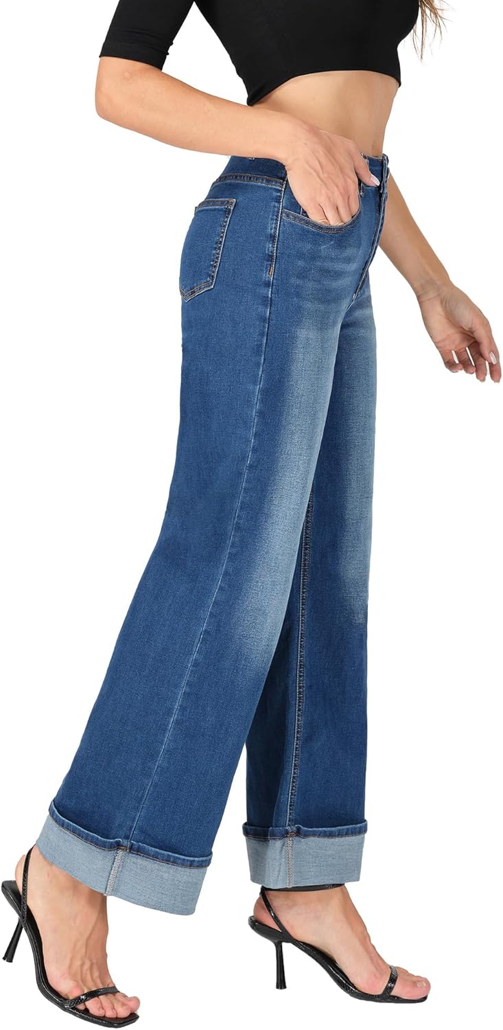Wide Leg Jeans Woman Stretchy Cuffed High Waisted Baggy Jeans Loose Denim Pants - Image 2