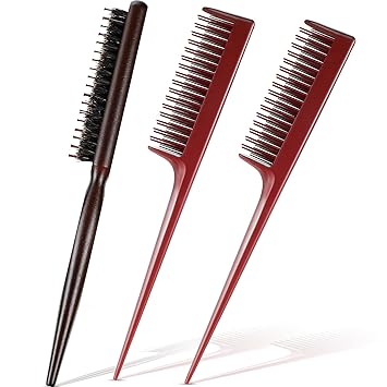 3 Pieces Teasing Hair Brush and Teasing Comb Set Includes Salon Nylon Boar Bristle Brush and 2 Triple Teasing Comb Rat Tail Combs for Back Brushing Slicking Hair Women Men Girl (Black and Brown)