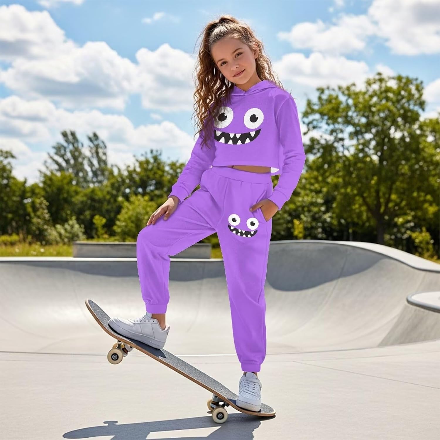 Girls Crop Hoodies with Sweatpants Set Long Sleeve Tops & Elastic Waist Pants Tracksuit Sportswear 2Pcs