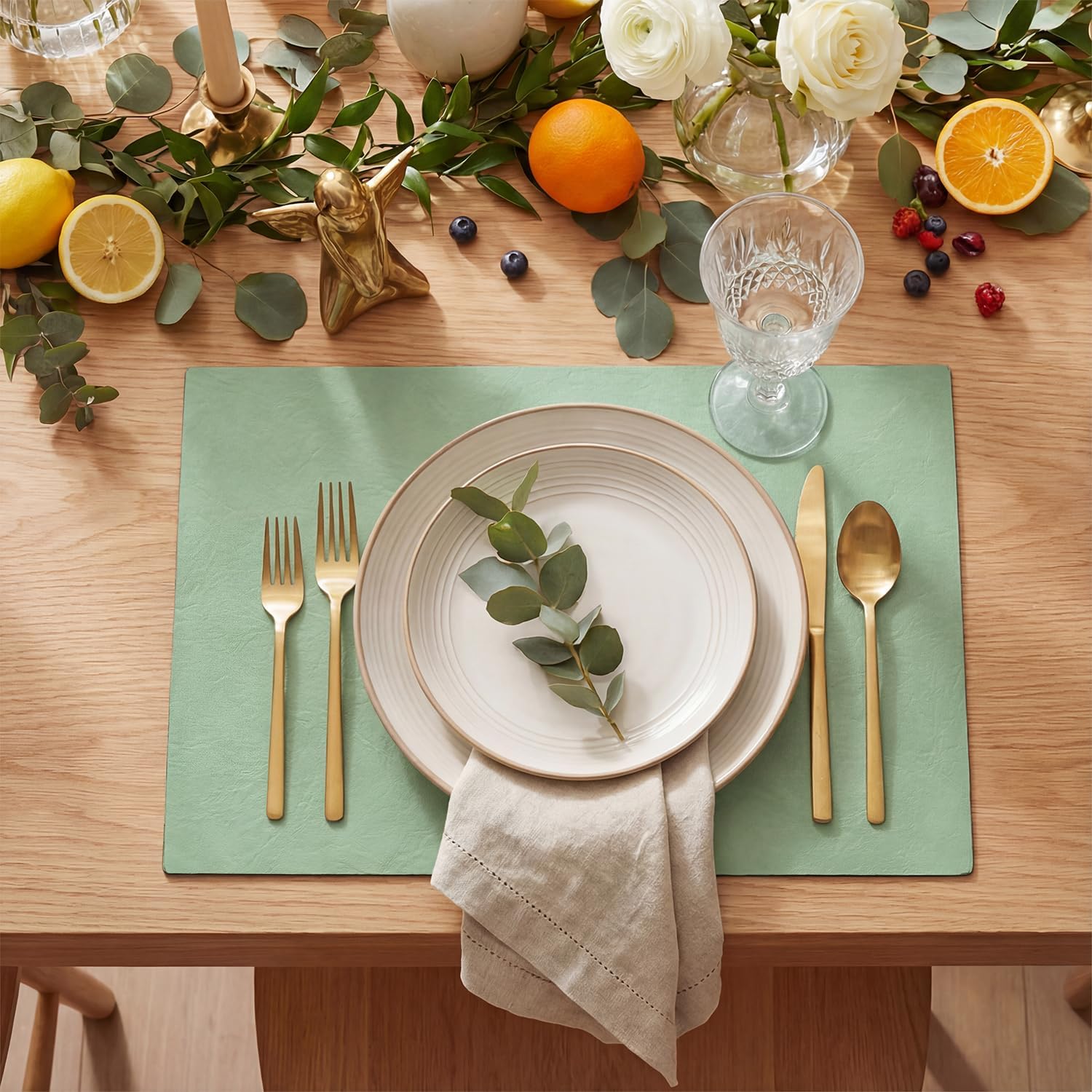 Artoid Mode Sage Faux Leather Placemats Set of 6, 12x18 Inch Waterproof Wipeable Heat Resistant Vinyl Place Mats, Reversible Table Mats for Spring Kitchen Dining Decor