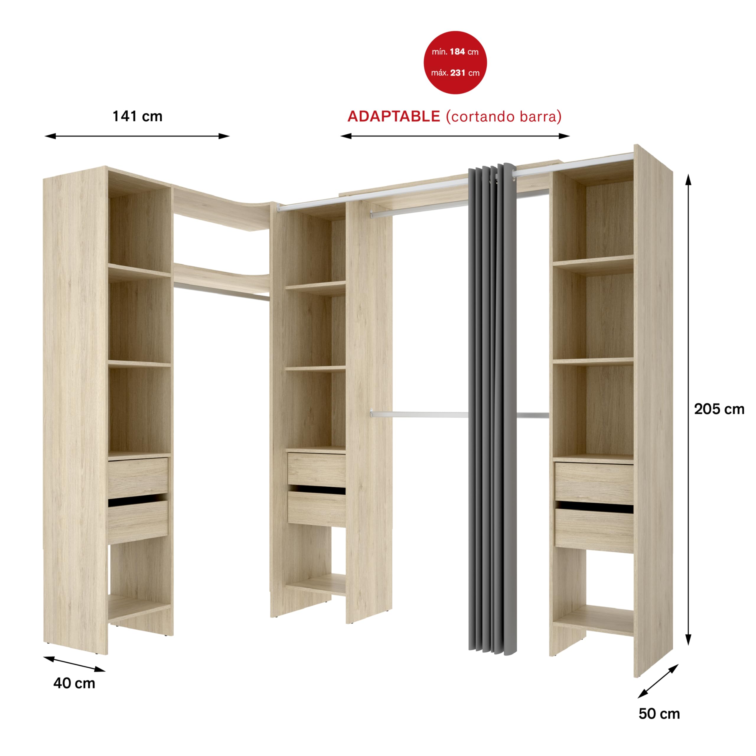 DEKIT GRUPO RIMOBEL SUIT - Composizione di Cabina Armadio angolare con due colonne, zona con barre appendiabiti e tenda – Rovere Naturale – 205 x 164-234 x 141 cm